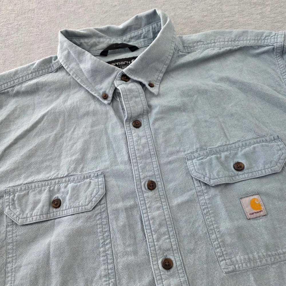 Carhartt Mens 2XL Loose Fit Short Sleeve Button Down Shirt Blue TW4369-M